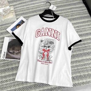 Ganni White Tee with Cat and Red Text